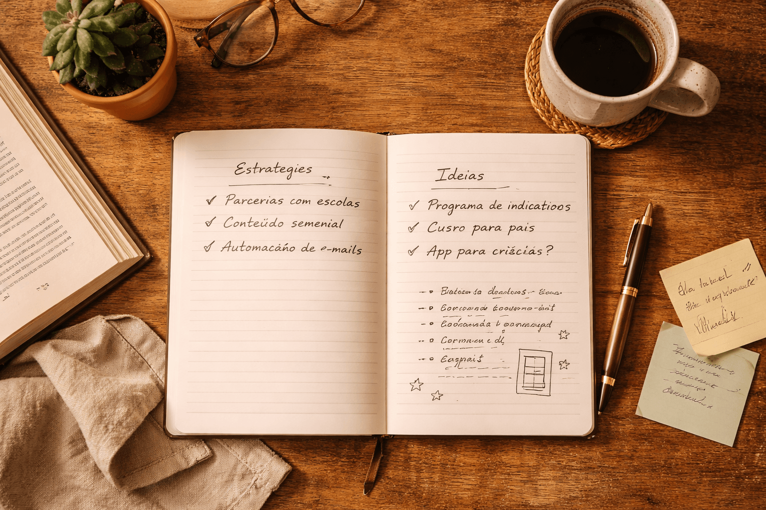 Mesa vista de cima com caderno aberto, caneta, livro e xícara de café