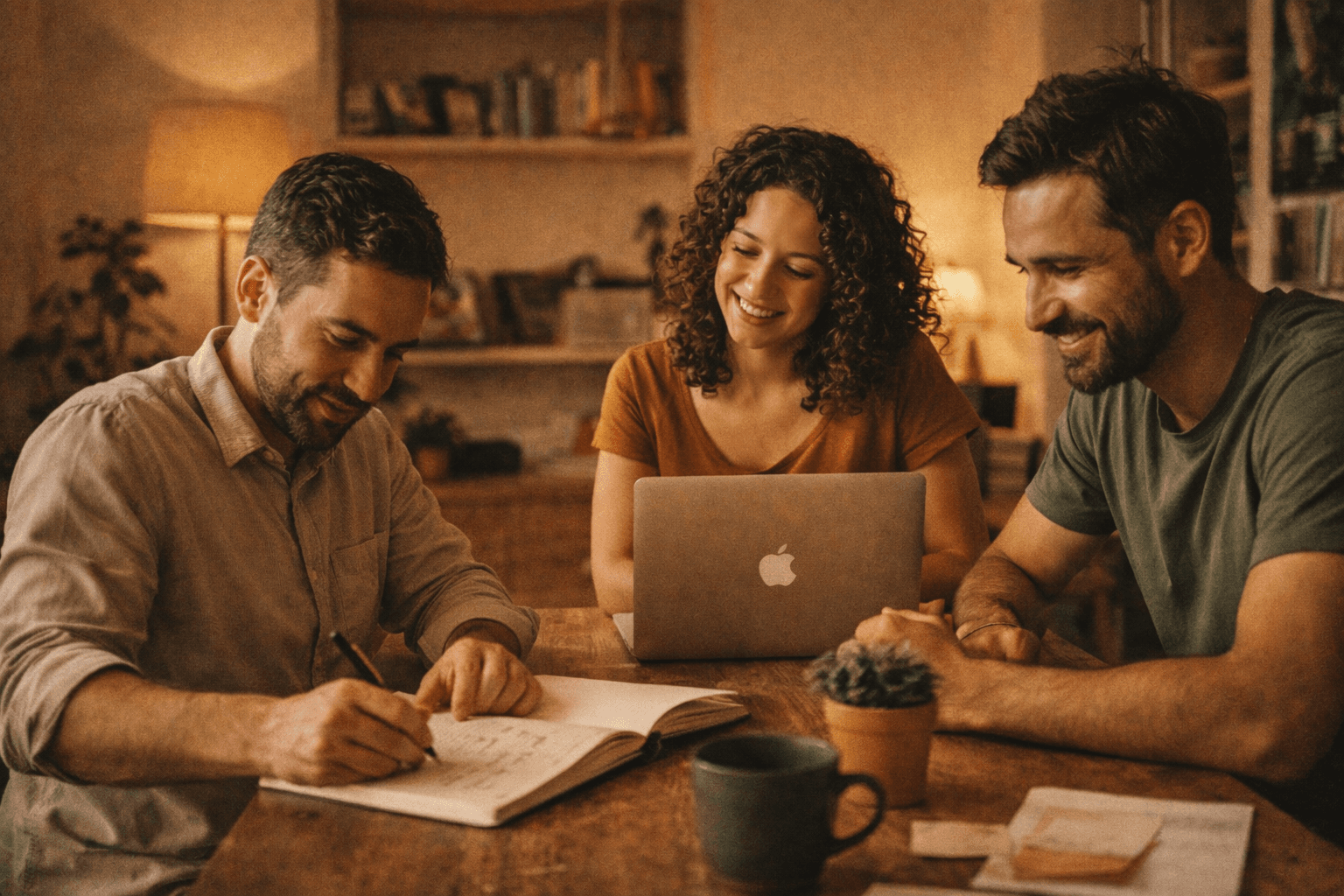Retrato editorial em ambiente de trabalho intencional, com caderno, computador e luz lateral