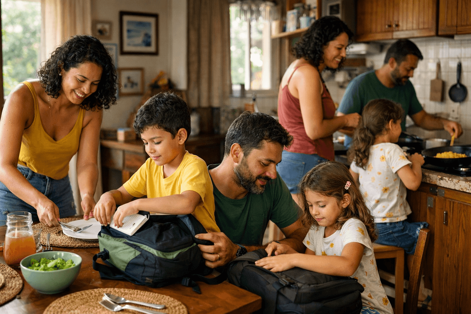 Família em casa dividindo uma tarefa cotidiana