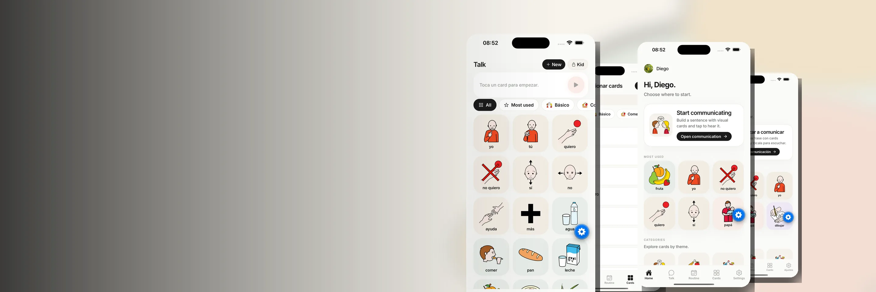 Telas do Lumo em inglês e espanhol: falar, início e cards de pictogramas