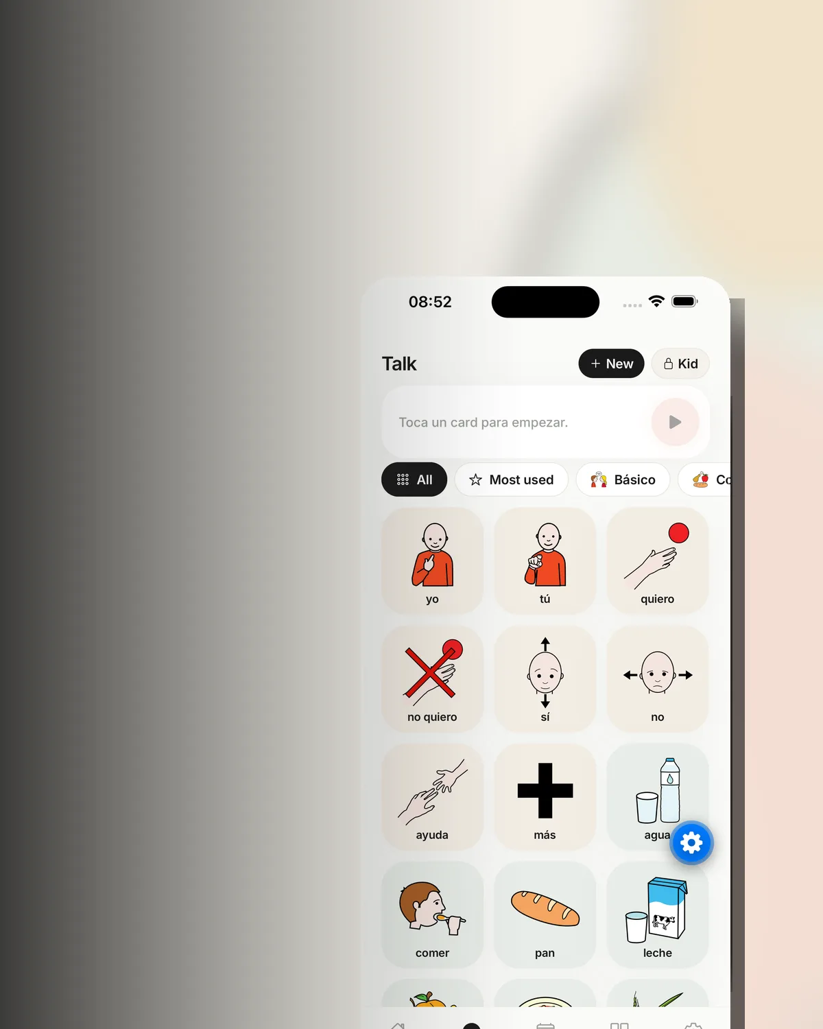 Tela Falar do Lumo, em espanhol: cards de pictogramas para montar a frase