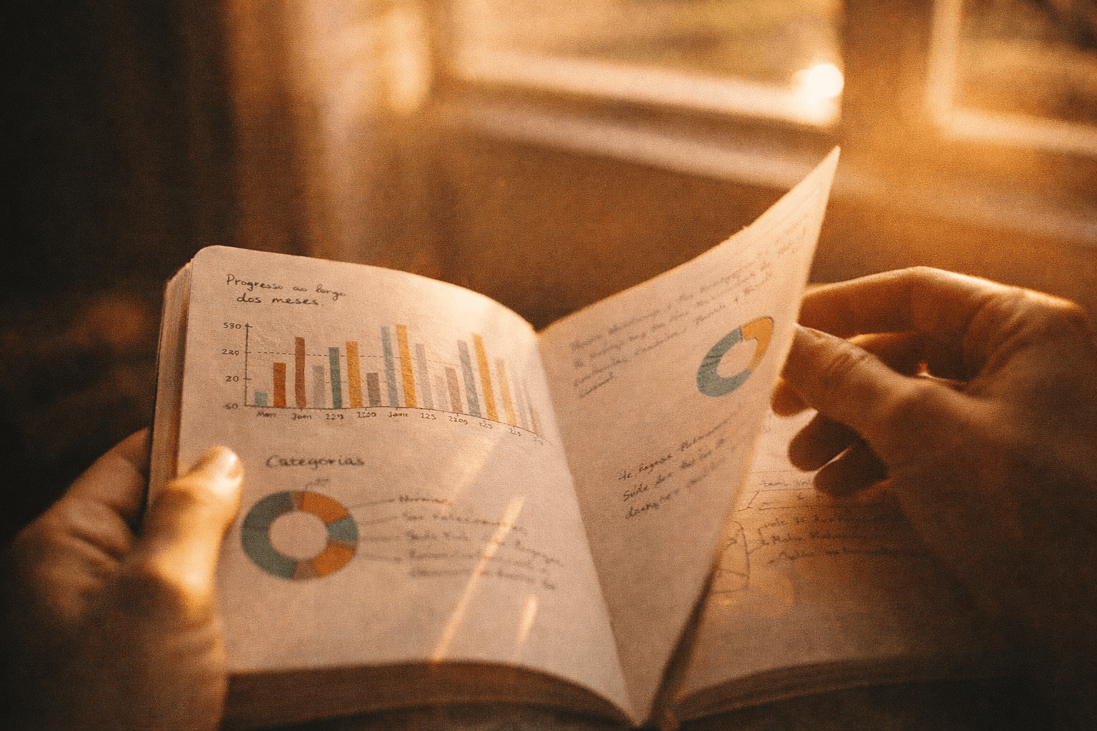 Mãos folheando um caderno com gráficos e anotações sob luz dourada de fim de tarde
