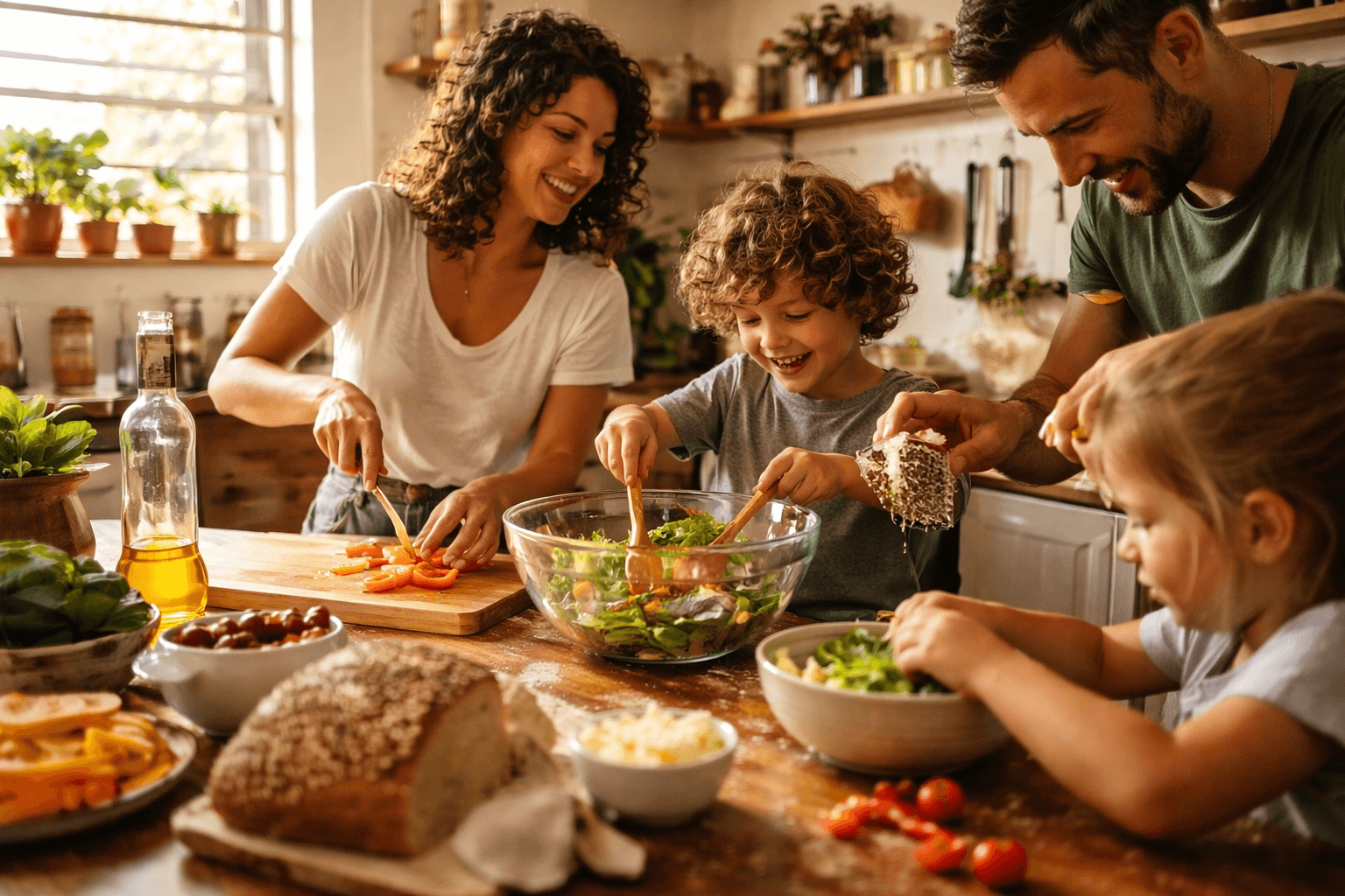 Panorâmica de uma cozinha em uso, família preparando algo junta