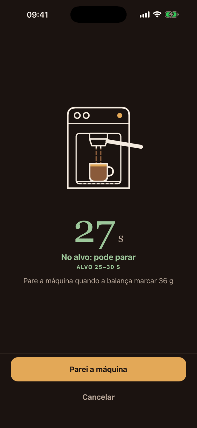 Cronômetro do Le Barista em 27 segundos, com o aviso “No alvo: pode parar”