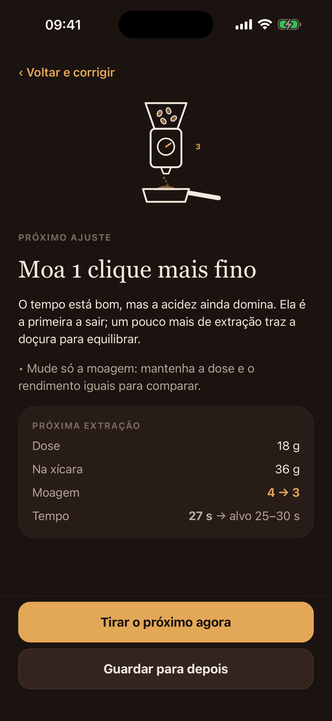 Diagnóstico do Le Barista sugerindo moer 1 clique mais fino